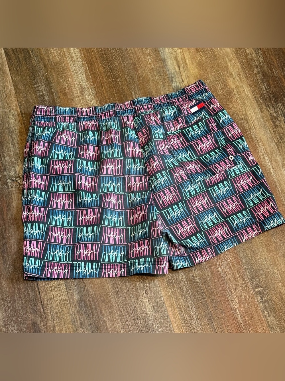 Tommy Hilfiger Men’s Black Swim Shorts with Pink & Teal Logo Print